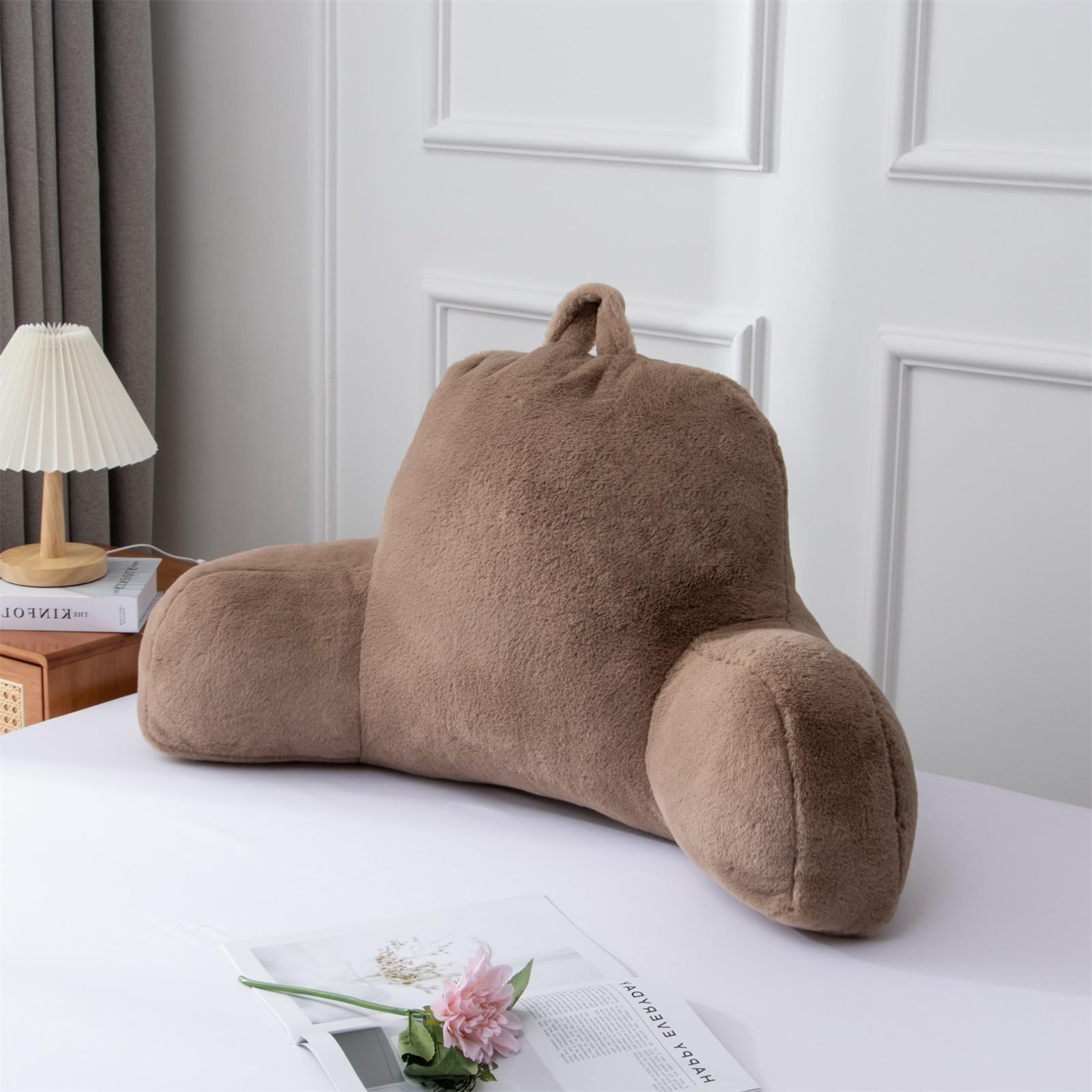 A Nice Night Faux Fur Reading Pillow Bed Wedge Large Adult Children Backrest with Arms Back Support for Sitting Up in Bed/Couch for Bedrest,Khaki Image