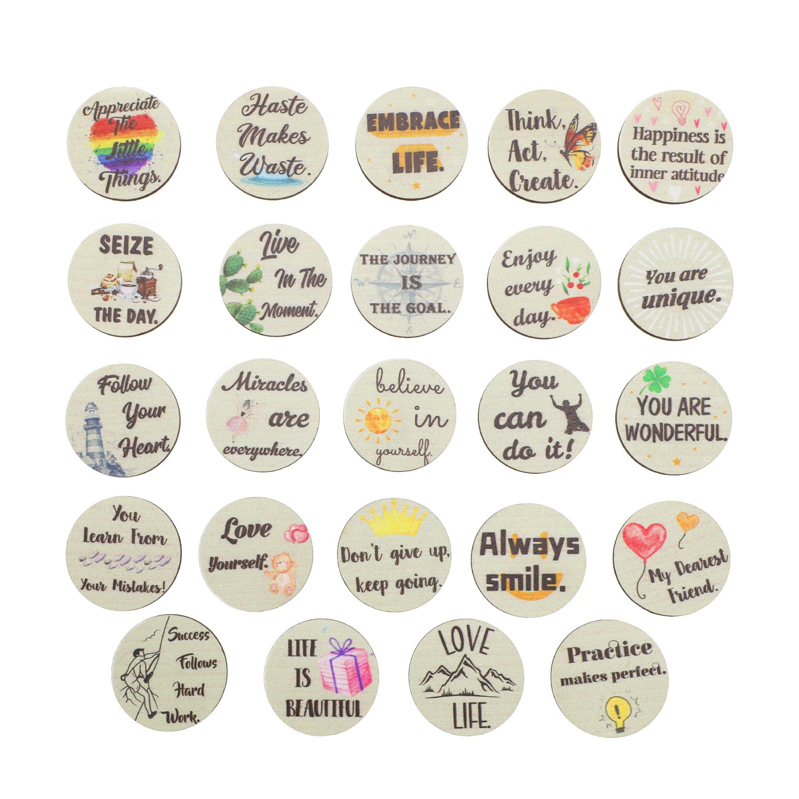 EMSea 24Pcs Lucky Wooden Round Motivation Charms Set with Inspirational Sayings and Colourful Patterns Inspiring Decoration for Friends Colleagues Children, English