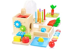 Kizfarm Wooden Montessori Baby Toys, 8-in-1 Wooden Play Kit Includes Object Permanent Box, Coin Box, Carrot Harvest, Shape Sorting & Stacking - Christmas Birthday Gift for Boys Girls Toddlers