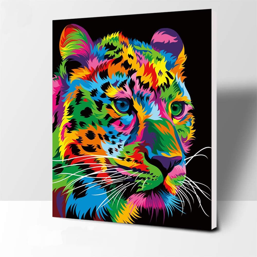 ifymei Paint by Numbers , DIY Acrylic Painting Kits for Kids and Adults Beginner - Colorful Leopard - 12" x 16" - Framed