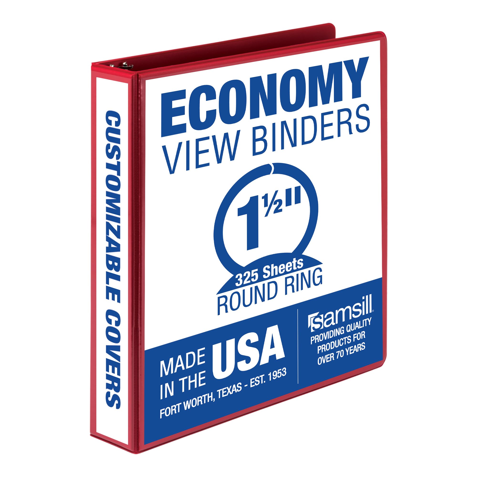 Photo 1 of Samsill 1.5 Inch 3 Ring Binder, Made in USA, Economy Round Ring, Clear View Cover, 325 Sheet Capacity - for School, Home, Office - Red