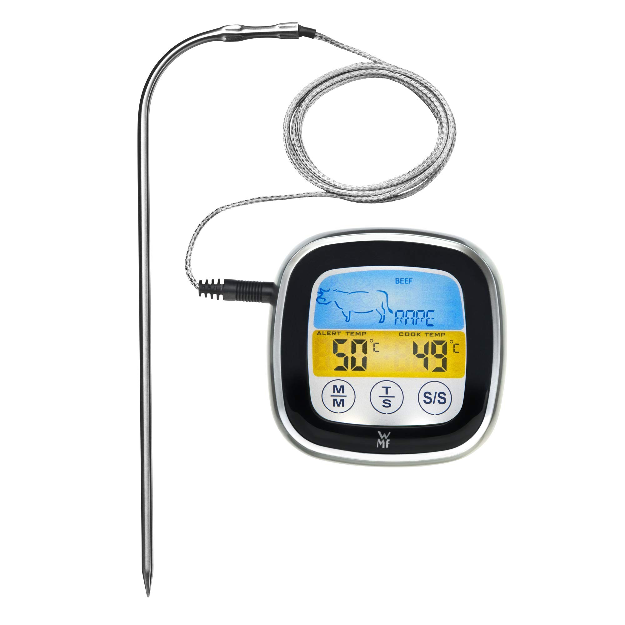 WMF BBQ digital thermometer, grill thermometer with 5 cooking levels, LED touch display, timer, magnetic holder