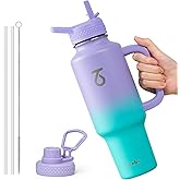 Trebo 40 oz Water Bottle Insulated Fit Car Cup Holder with Handle, Stainless Steel Water Bottles Tumbler with Spout Straw Lids, Double Wall Travel Reusable Flask, Leakproof Mug,Keep Cold &Hot,Purple