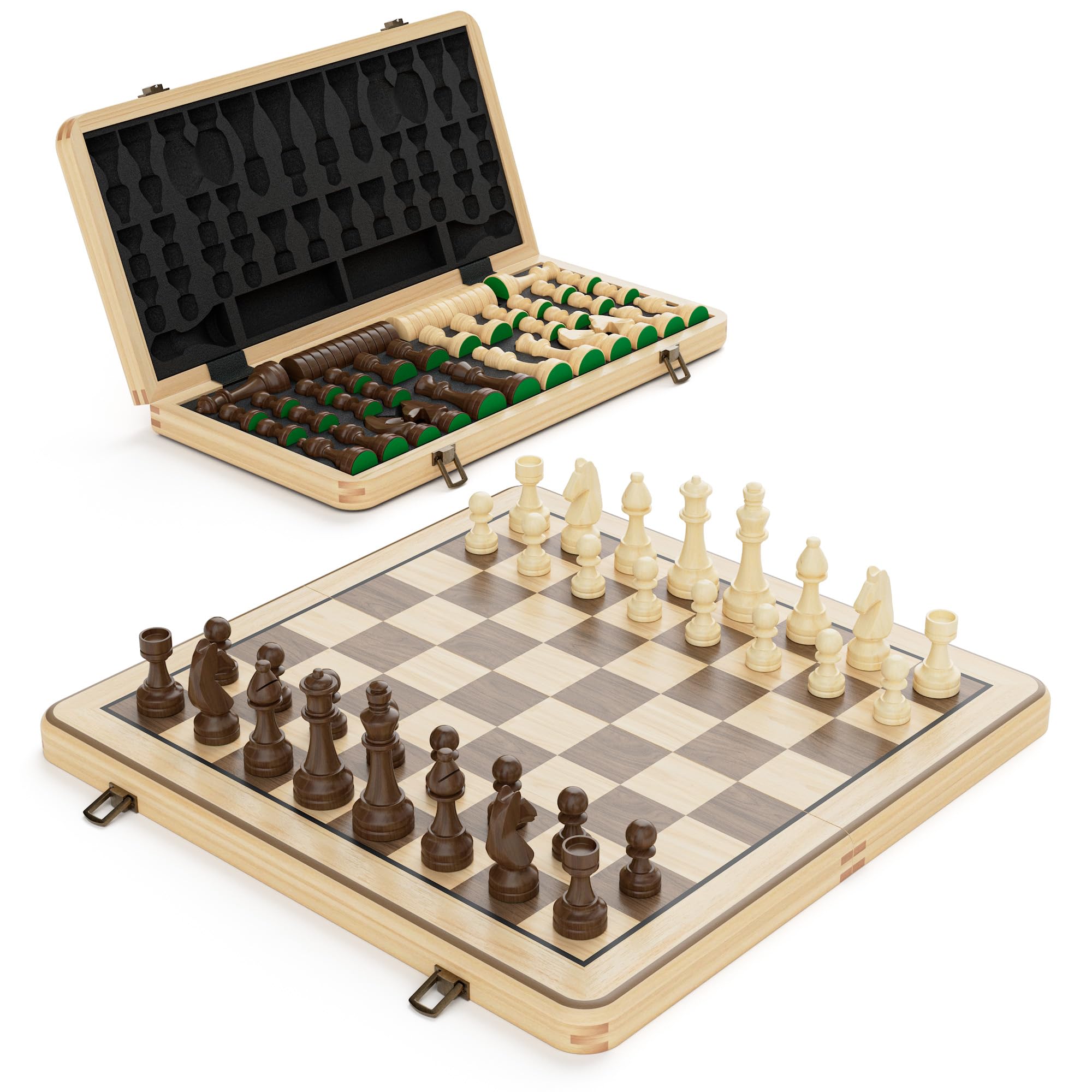 15" Wooden Folding Chess & Checkers Set - 2 in 1 Board Game with 3" King Staunton Pieces and 2 Extra Ladies