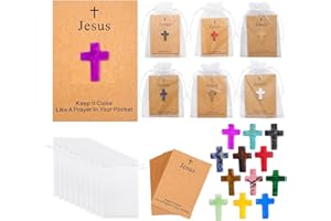 100 Pack Cross Crystal Stone Bulk Set with Greeting Cards & Gift Bags, Natural Crystal Pocket Hug Tokens, Religious Keepsake 