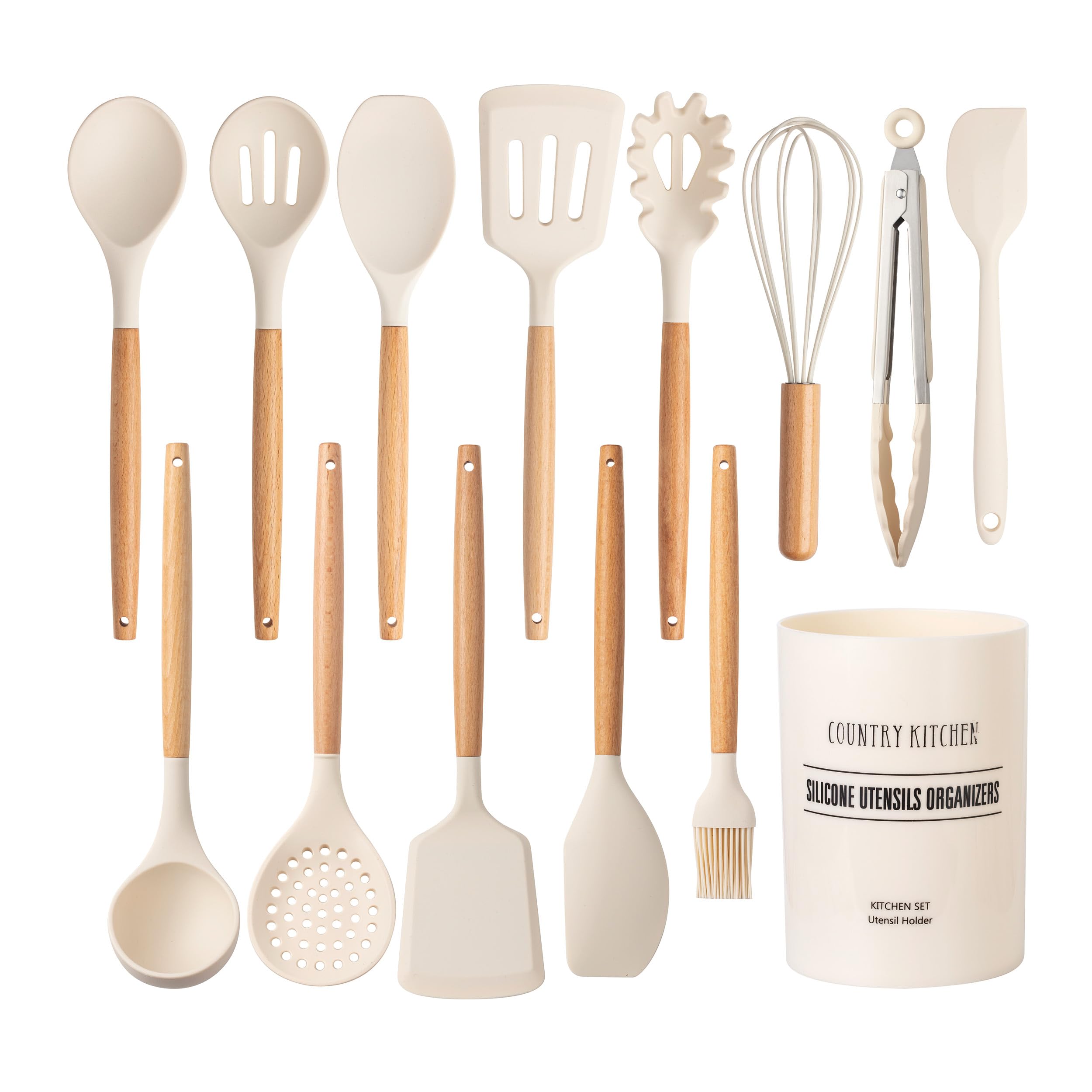Country Kitchen Non Stick Silicone Utensil Set with Rounded Wood Handles for Cooking and Baking, 14 Piece Set, Khaki Image