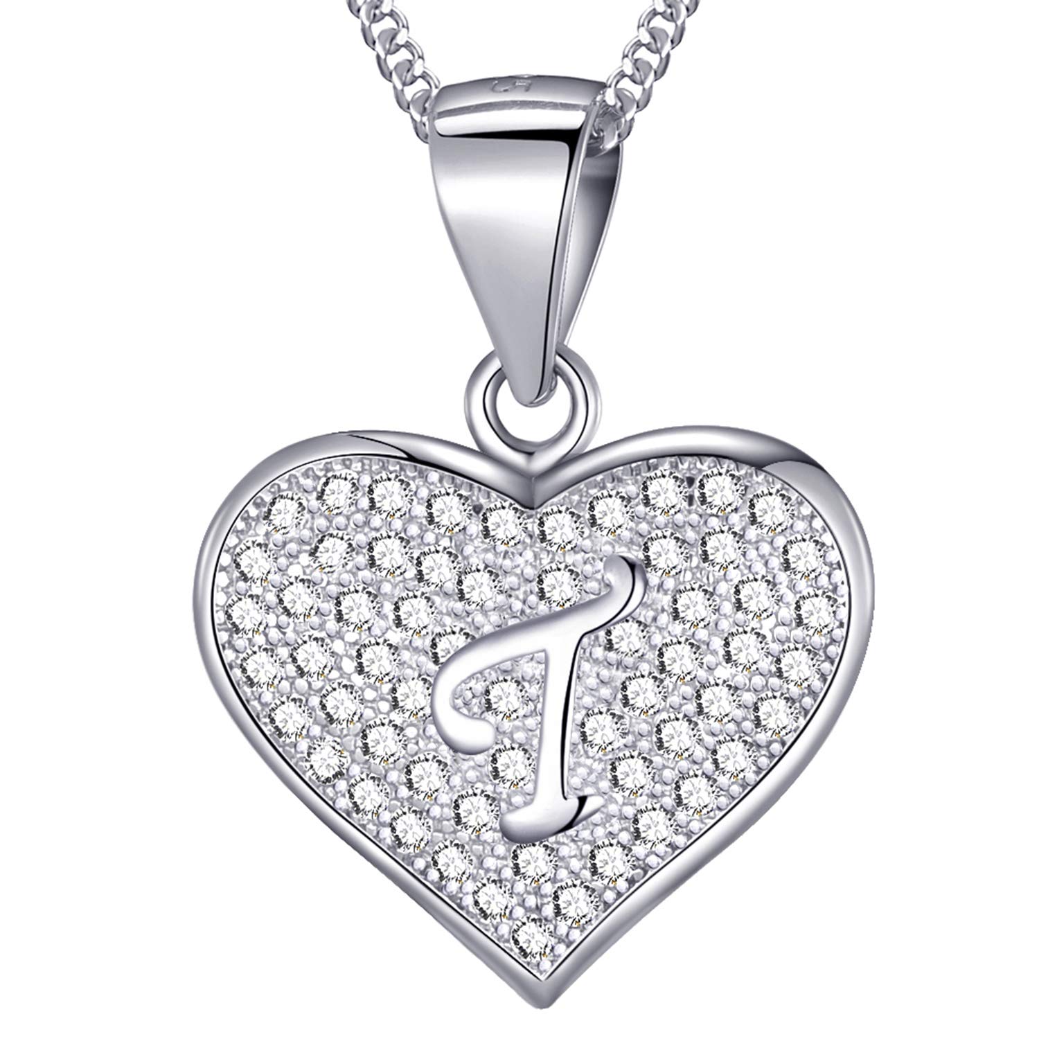 MASADA 925 Sterling Silver Heart Letter Necklace - Initial Pendant with Zircon Stones - Letter T - Personalised Alphabet, Teens & Girls - 46 cm - 18 inch Chain in Velvet Bag