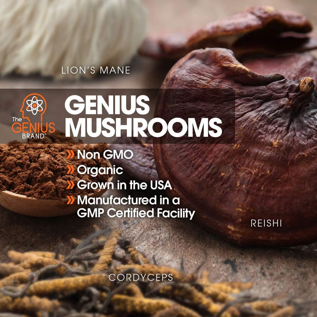 Genius Mushroom – Lions Mane, Cordyceps and Reishi – Immune System Booster & Nootropic Brain Supplement – Wellness Formula for Natural Energy, Stress Relief, Memory & Liver Support, 90 Veggie Pills: Health & Personal Care