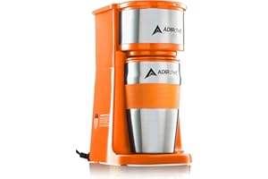 AdirChef Single Serve Mini Travel Coffee Maker & 15 oz. Travel Mug Coffee Tumbler & Reusable Filter For Home, Office, Camping, Portable Small and Compact, Great for Fathers Day (Orange)