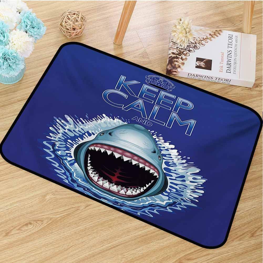 hengshu Animals Front Door mat Carpet Keep Calm and Shark Jaws Attack Predators Hunter Dangerous Wild Aquatic Nature Machine Washable Door mat W29.5 x L39.4 Inch Blue White