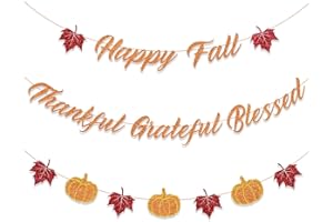 Tinbax Fall Decorations Home Thanksgiving decor - Happy Fall and Blessed Grateful Thankful Banner with Pumpkin Maple Leaves Sign Garland Banner(Pre-Strung)