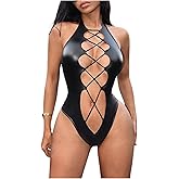 WDIRARA Women's PU Leather Halter Bodysuit Cut Out Lace Up Sleeveless Body Suit Sexy Clubwear