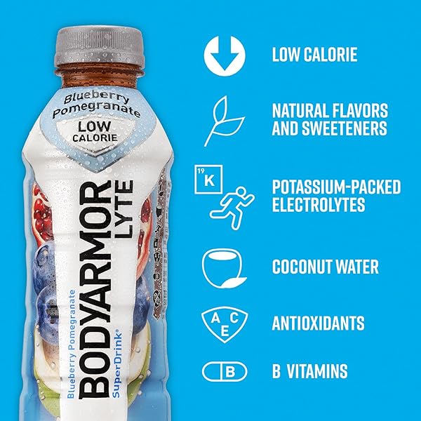BODYARMOR LYTE, BLUEBERRY POMEGRANATE, ELECTROLYTE DRINK, 20 CALORIES, 16 FL OZ BOTTLES (12 PACK), COCONUT WATER SPORTS DRINK, NATURAL FLAVOR & B VITAMINS