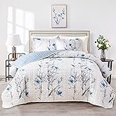 Botanical Quilt Set 3 Pieces Full/Queen Size, Blue Flower Branch on White Reversible Bedspread Coverlet Set, Soft Microfiber Lightweight Bed Cover for All Season (90" x 90", 1 Quilt+ 2 Pillow Shams)