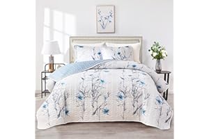 Flysheep Botanical Quilt Set 2 Pieces Twin Size, Blue Flower Branch on White Reversible Bedspread Coverlet Set, Soft Microfiber Lightweight Bed Cover for Kids (68" x 86", 1 Quilt+ 1 Pillow Sham)