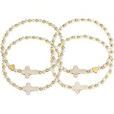 BXDA Gold Beaded Pearl Cross Stack Friendship Bracelets Set for Women, 4Pcs Boho Trendy Handmade White Beads Elastic Stretch Stackable Bracelet Prom Jewelry Gift.