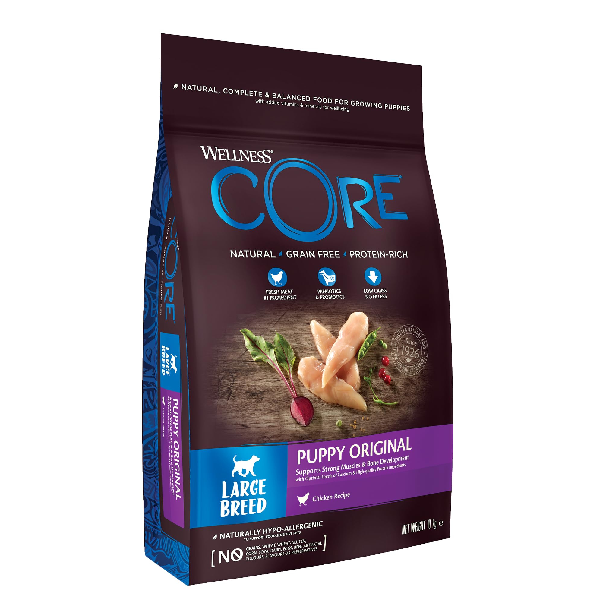 Wellness CORE Puppy 10 kg, Chicken – Dry Dog Food for Large Breed Puppies, Grain-Free, Natural, Hypoallergenic, Protein-Rich, High Meat Content, Supports Brain & Eye Development