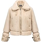 GRAN ORIENTE Womens Belted Winter Faux Fur Coats, Cropped Fuzzy Cuff Furry Zipper Up Warm Jackets Outwear