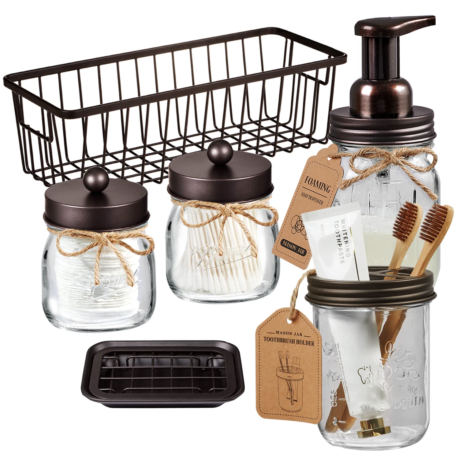 Mason Jar Bathroom Accessories Set(6PCS) - Foaming Soap Dispenser,Toothbrush Holder,Qtip Holder,Apothecary Jars, Soap Dish,Metal Wire Storage Organizer - Rustic Farmhouse Decor Bathroom (Bronze)