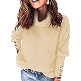 SunnyMelody Womens Turtleneck Dressy Sweater Fall 2025 Button Long Sleeve Pullover Sweaters - Cozy Ribbed Knit, Loose Fit