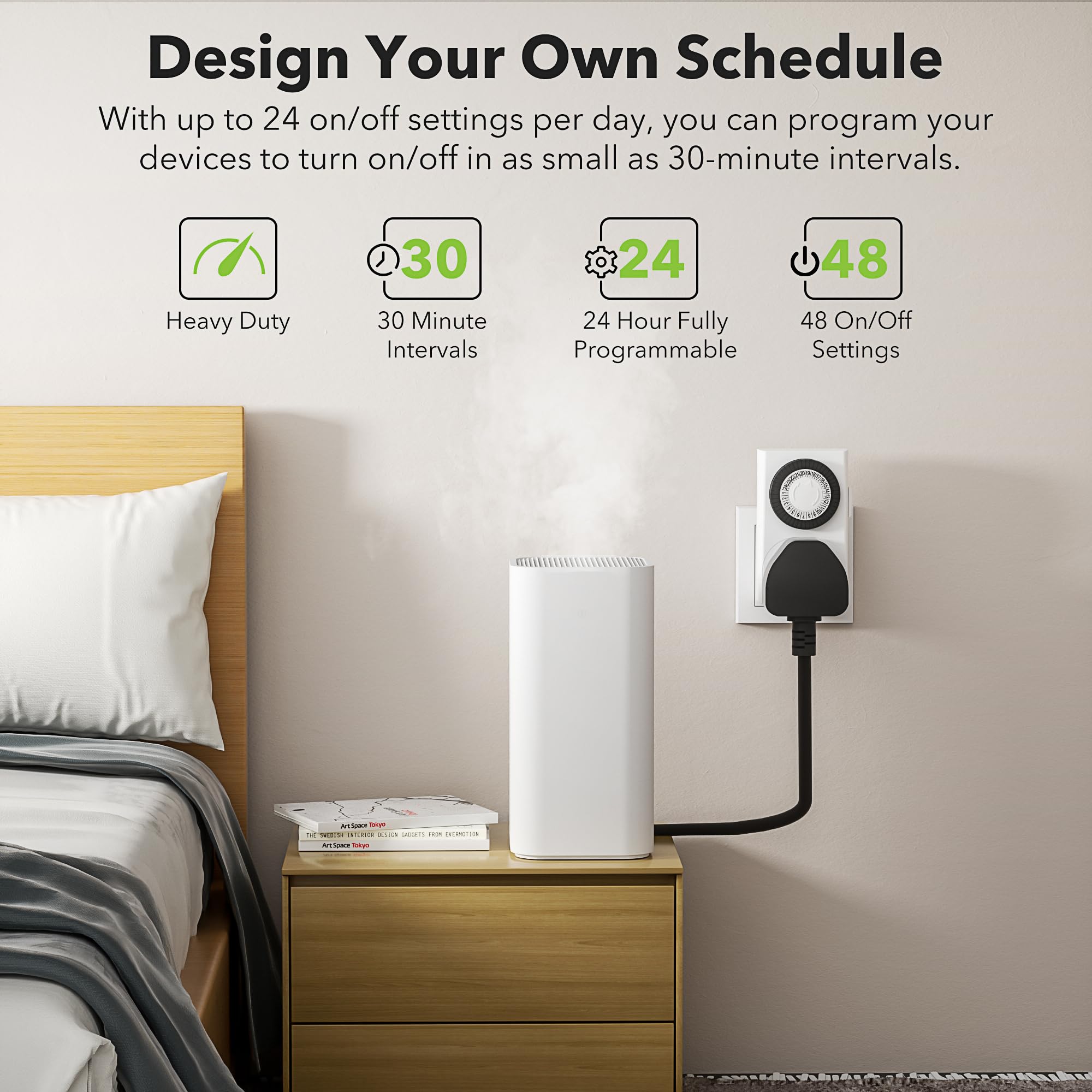 HBN 24 Hour Plug-in Compact Timer Plug Socket, Mini Energy Saver Mechanical Timer Switch for Indoor Lights, Christmas Lights and Home Appliances (13A/2900W, 3 Pack)