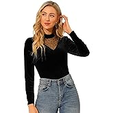 Allegra K Women's Vintage Velvet Mesh Panel Mock Neck Slim Fit Halloween Long Sleeve Tops