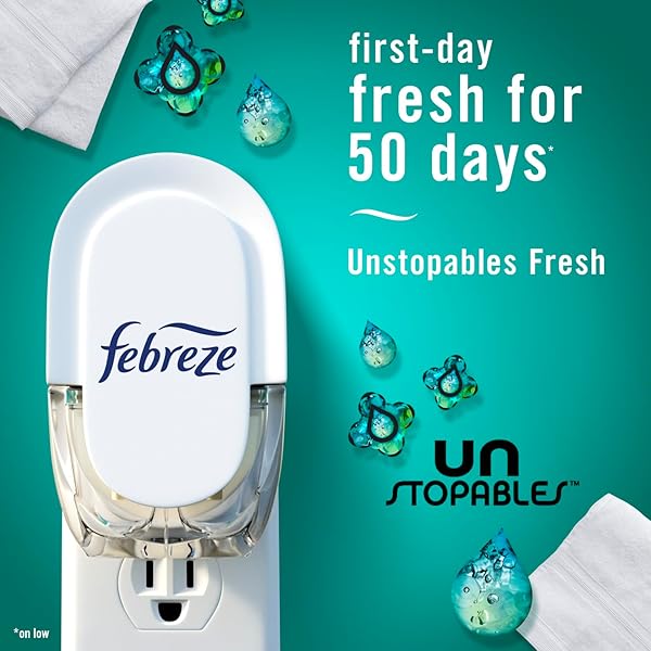 FEBREZE PLUG-IN AIR FRESHENER, ODOR-FIGHTING SCENTED OIL REFILL, AIR FRESHENERS FOR HOME, BATHROOM AND KITCHEN, LONG LASTING, UNSTOPABLES FRESH SCENT, 0.87OZ REFILLS, MULTI COLOR, 3 COUNT