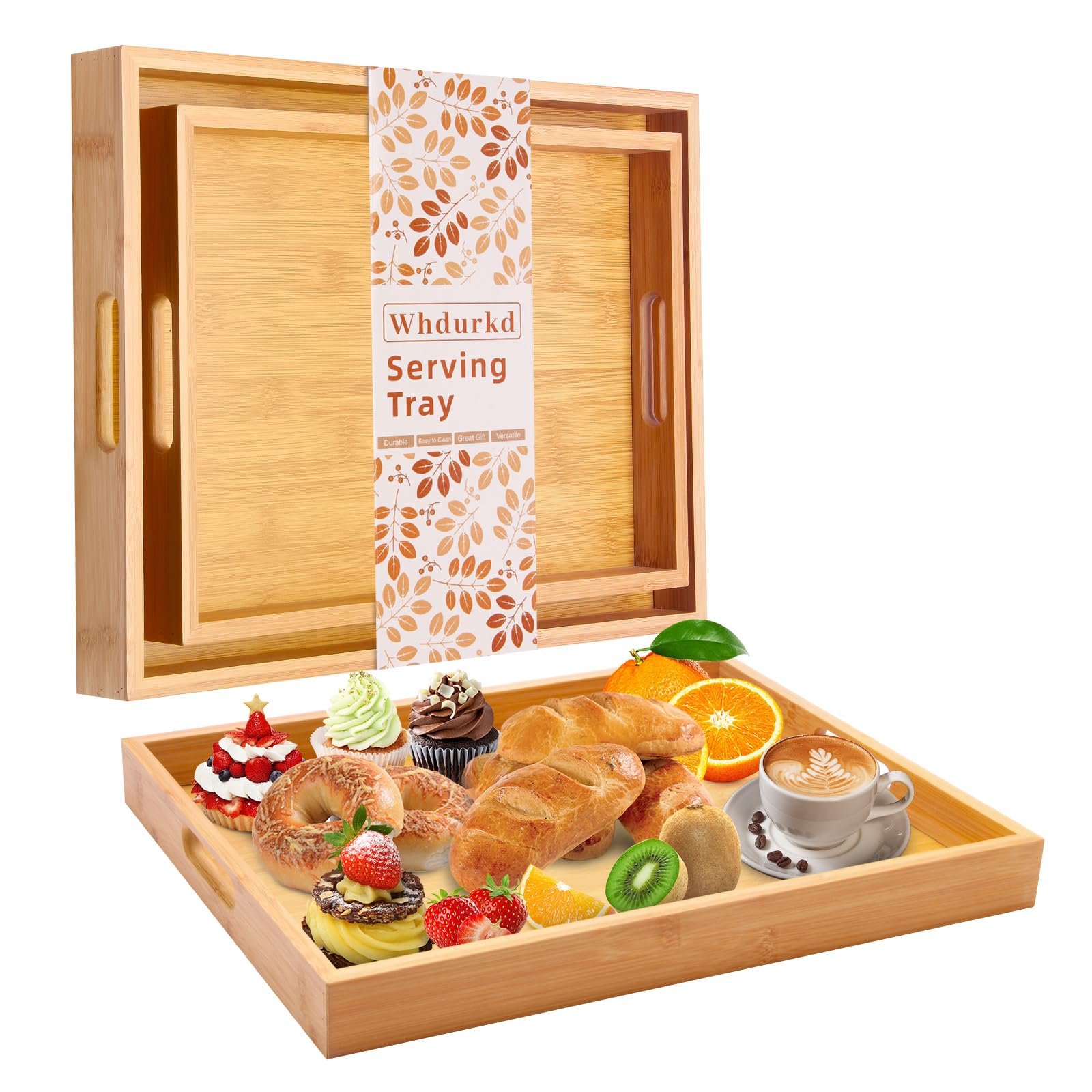 Wooden Serving Tray with Handles Bamboo Decorative Large Coffee Table Food Trays for Breakfast Dinner Restaurants Party or Home Decor Outdoor Scenarios 2 Packs