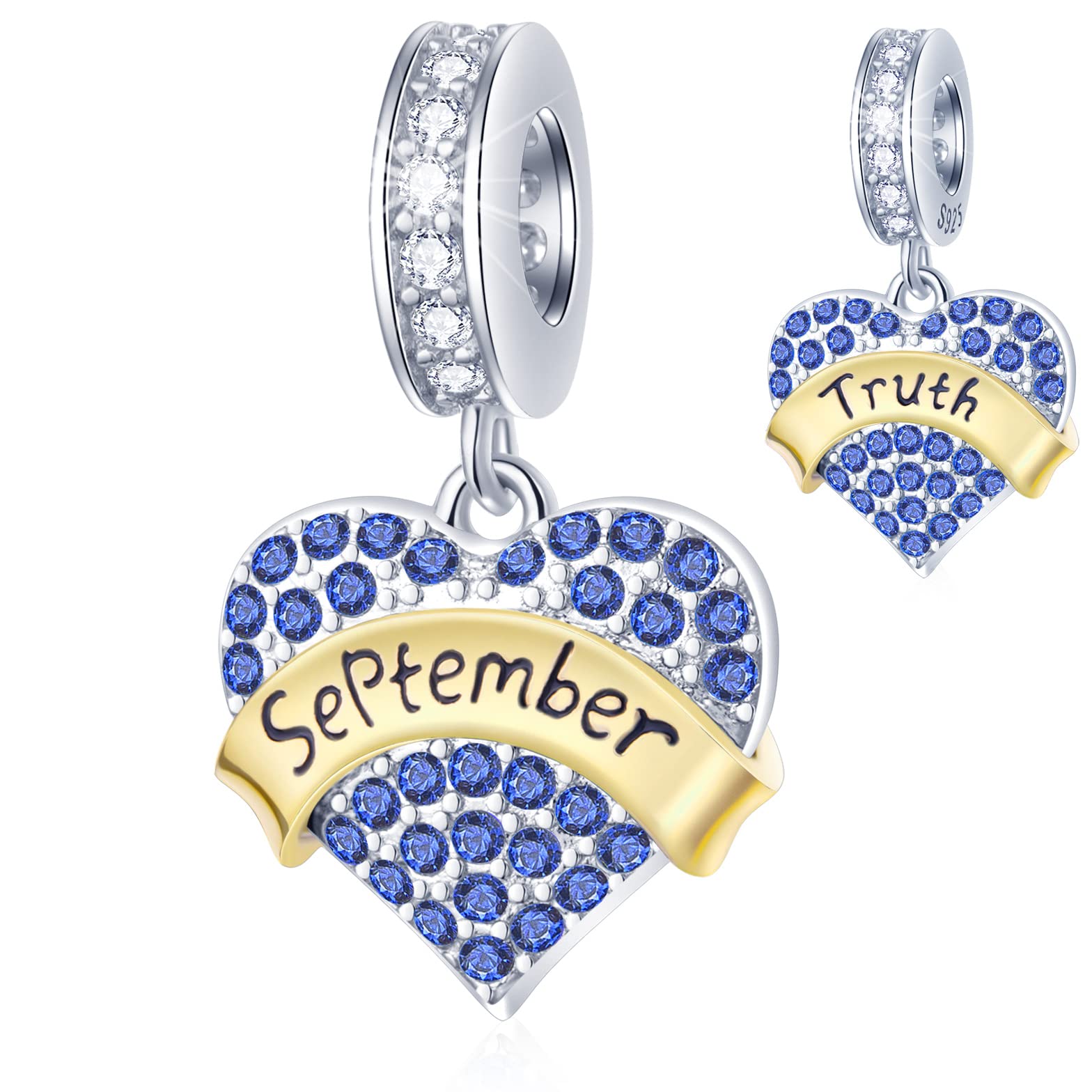 September Birthstone is Truth Heart Charms, fits Pandora Birthday Bracelet, Sapphire Blue Pendant, Dangle Gold Plated Banner Beads in 925 Sterling Silver, Gift for Family/Girl