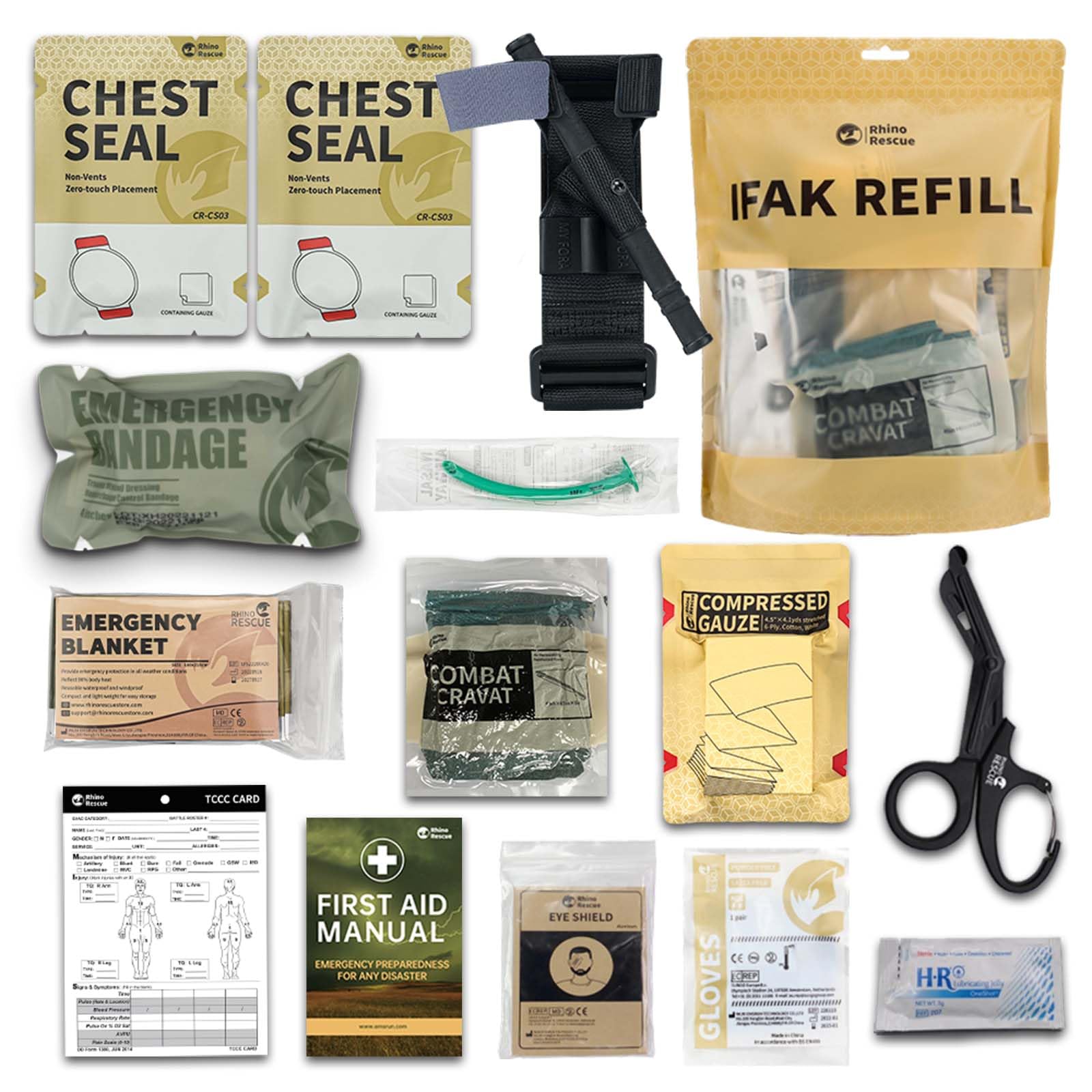 RHINO RESCUE Trauma Refill Kit Emergency Medical Supplies Combat IFAK Pack for Wound Care, Survival, Car & Camping (11 Piece)