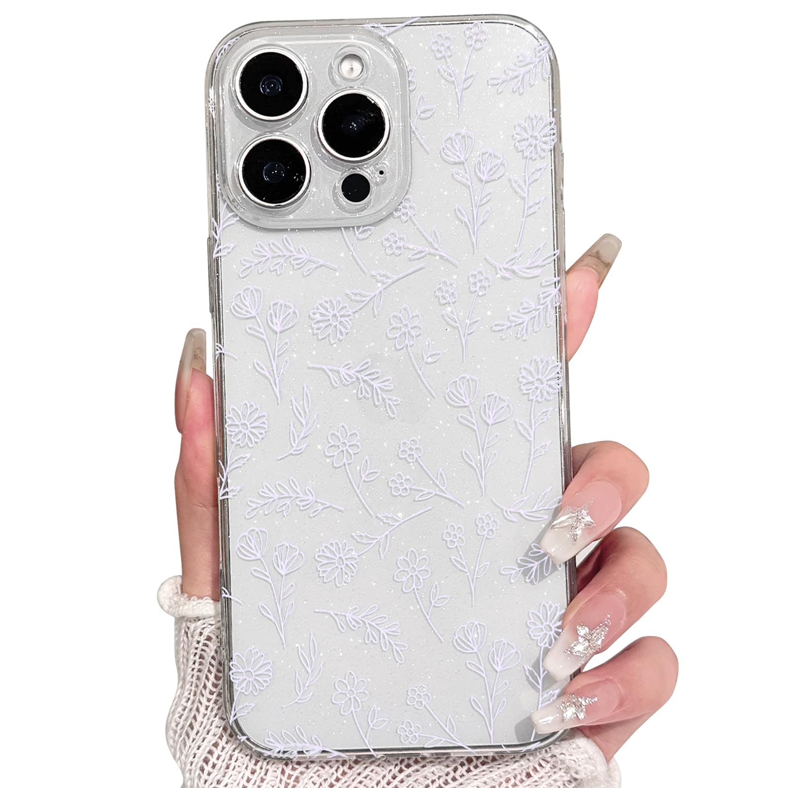 Lovmooful Compatible for iPhone 16 Pro Case Clear Cute Flower Floral with Slim Glitter Design for Girls Women Soft TPU Shockproof Protective Girly for iPhone 16 Pro Case-Purple
