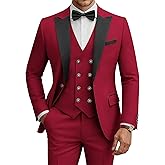 WULFUL Men's 3 Piece Suits Slim Fit Tuxedo Suit Set Double Breasted Suit Jacket Vest Pants Set for Wedding Prom