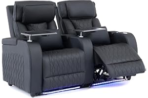 Airadlis Home Theater Seating Top Grain Leather, Movie Theater Chairs Theater Recliner Sofa with Dual Power Ergonomic Design 7 Colors Ambient Lighting Tray Table Type-C USB Charge (Black, Row of 2)