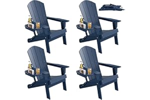 FOOWIN Folding Adirondack Chair Set of 4, HDPE Adirondack Chairs with Cup Holder, Weather Resistant Plastic Fire Pit Chairs for Outdoor, Patio, Lawn, Garden, Backyard, Deck, Dark Blue
