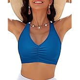 GRAPENT Bikini Tops for Women Ruched Cropped Tankini Tops Beach Adjustable Straps Bathing Suit Padded Swimwear Top Only