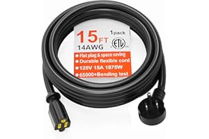 HUANCHAIN 14 Gauge 15 FT Flat Plug Extension Cord Black Indoor Outdoor, Heavy Duty 3 Prong Grounded Low Profile Extension Wir