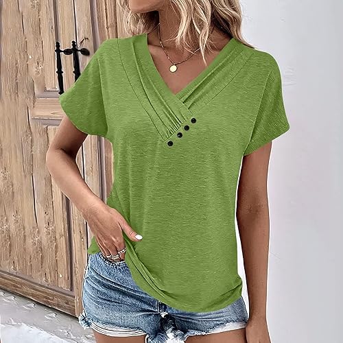 thumbnail image 2 of Casual Shirts Women's V-Neck Button Down Tunic - Lightweight Short Sleeve Blouse For Casual & Vacation Wear Button Down Blouse V-neck 2 of 11