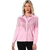 Allegra K Women's Western Fringe Blouse Long Sleeve Button Down Disco Cowgirl Shirts