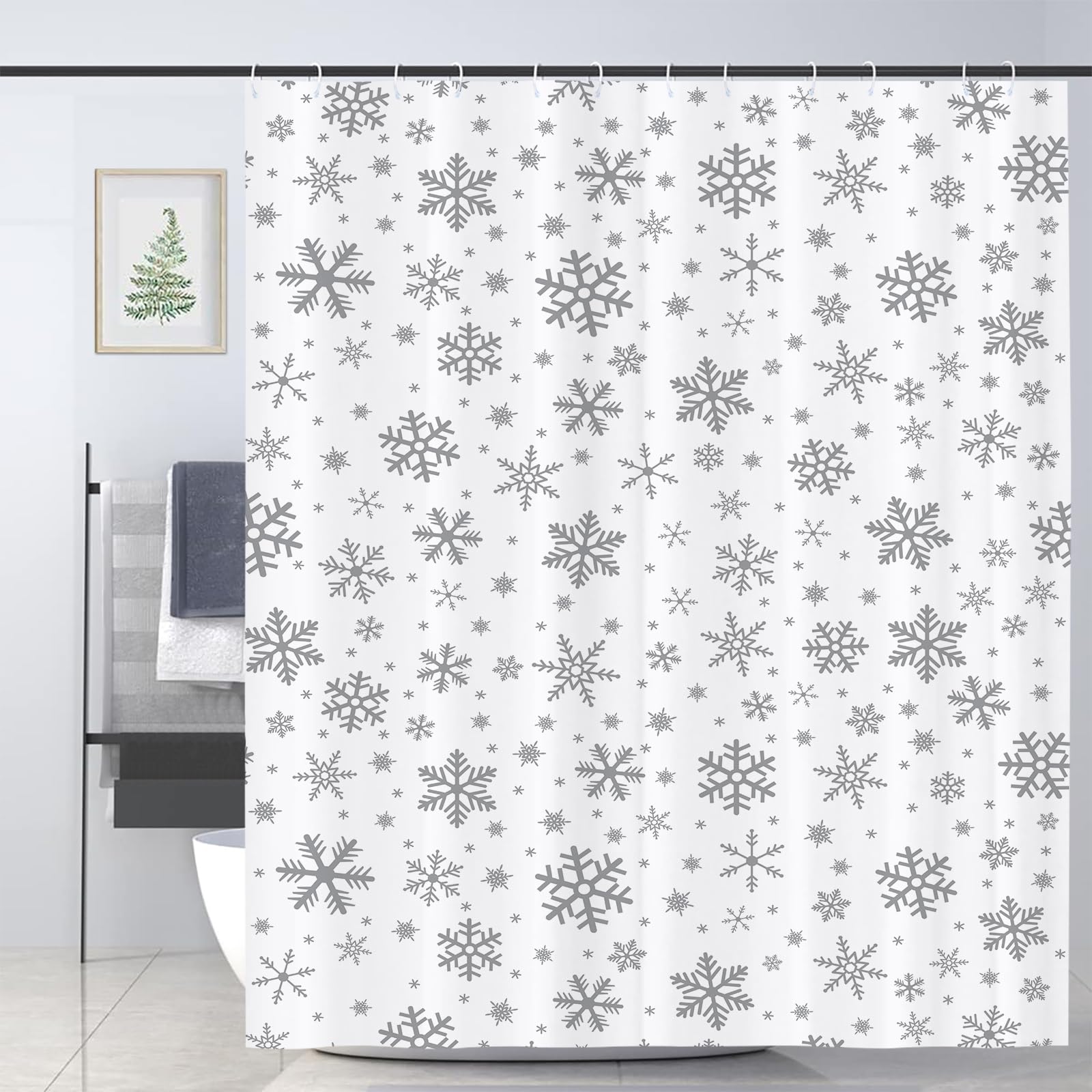JOOCAR Grey Snowflake Shower Curtain Winter Christmas White Shower Curtains Watercolor Bathroom Decor Polyester Fabric Waterproof Shower Curtain Set with 12 Hooks, 180x180cm