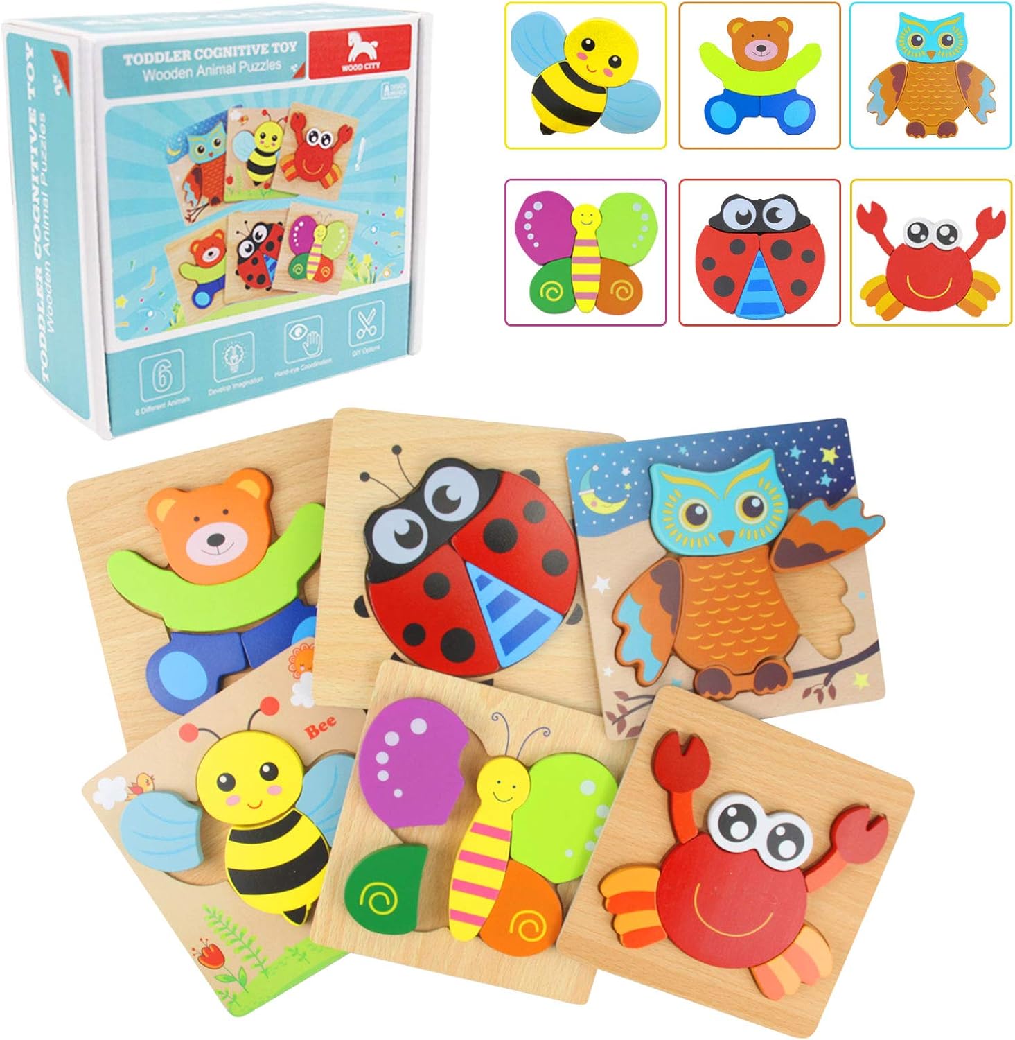 Wooden Puzzles for Toddlers, WOOD CITY Animal Jigsaw Puzzles for Kids 1 2 3 Years Old, Educational Montessori Toys for Boys and Girls (6pack): Toys & Games