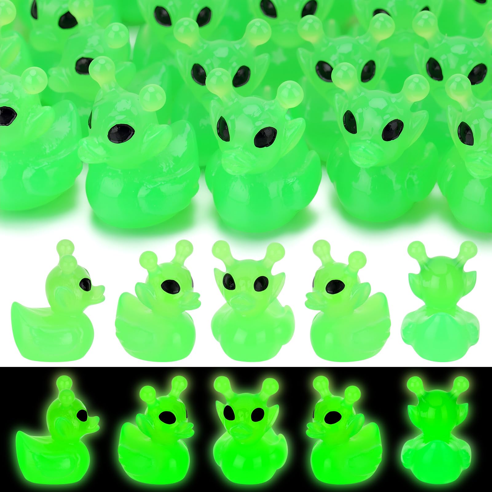 GSrenyu 50 Pcs Luminous Mini Resin Alien Miniature Glow in The Dark 6 Styles Tiny Honeydew Figures for Fairy House Garden Micro Landscaping Potted Home Party Decorations DIY(Green)