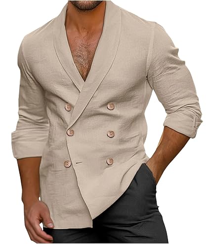 Mens Casual Double-Breasted Shirts Button up Long Sleeve Lapel