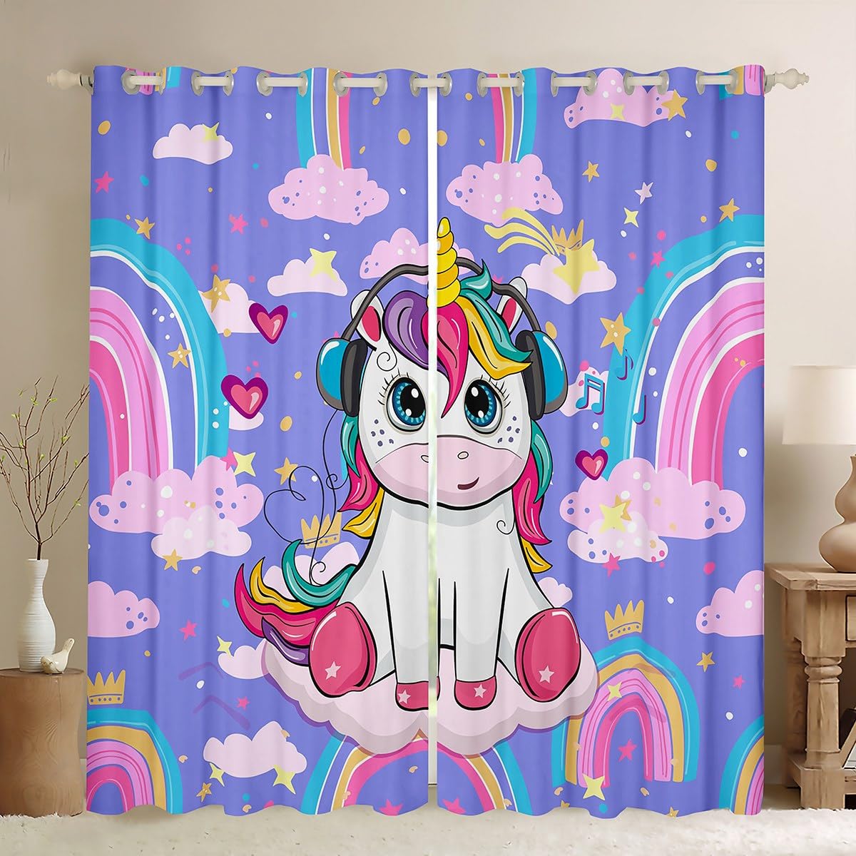 Manfei Unicorn Blackout Curtain Cartoon Rainbow Window Drapes for Kids Boys Girls Room Decor, Pink Clouds Stars Hearts Window Treatments Grommet Top 2 Panel Set Bedroom Curtains, 46Wx54L inch