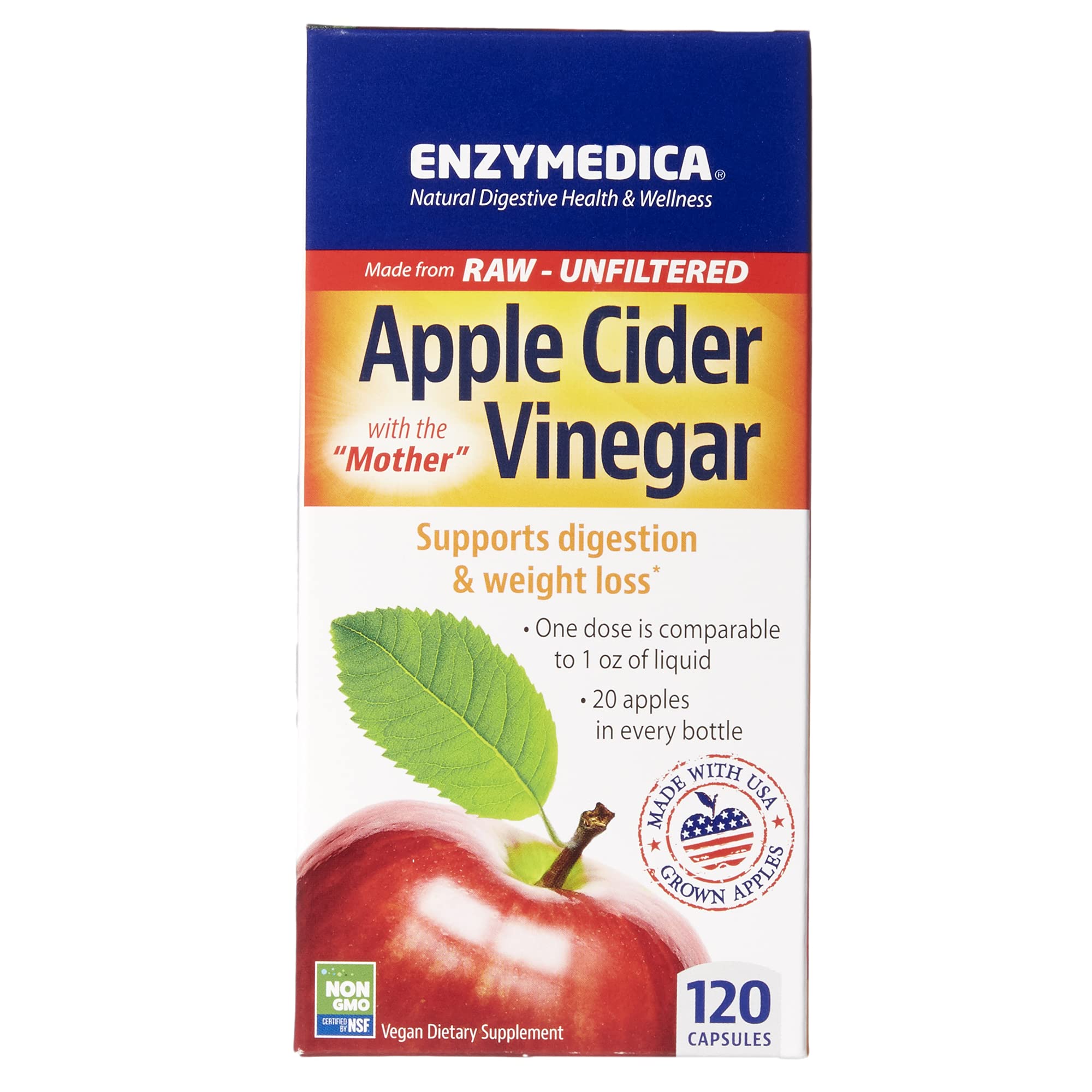 Enzymedica, Apple Cider Vinegar, Digestive Support Enzymes Supplement, 120 Capsules, Vegan, Gluten-Free, Soy-Free, Non-GMO