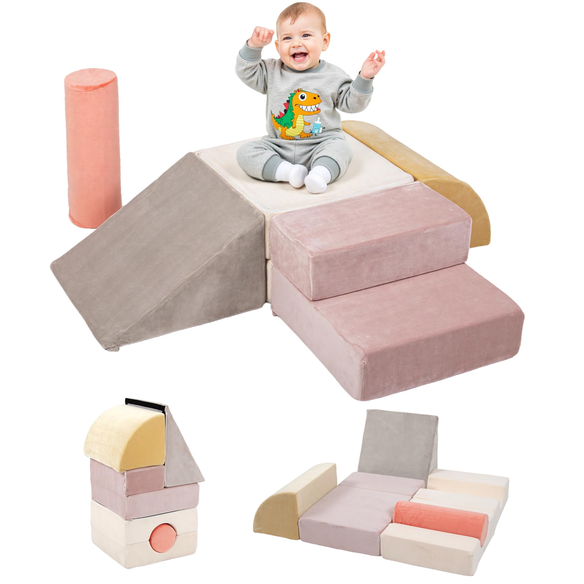 BanaSuper Soft Play Climbing Blocks for Toddlers, Indoor Foam Play Set for Baby Motor Skills Development, Toddler Obstacle Course with Step, Ramp and Cylinder, Montessori Gym Toys, EN71 Safety, Pink