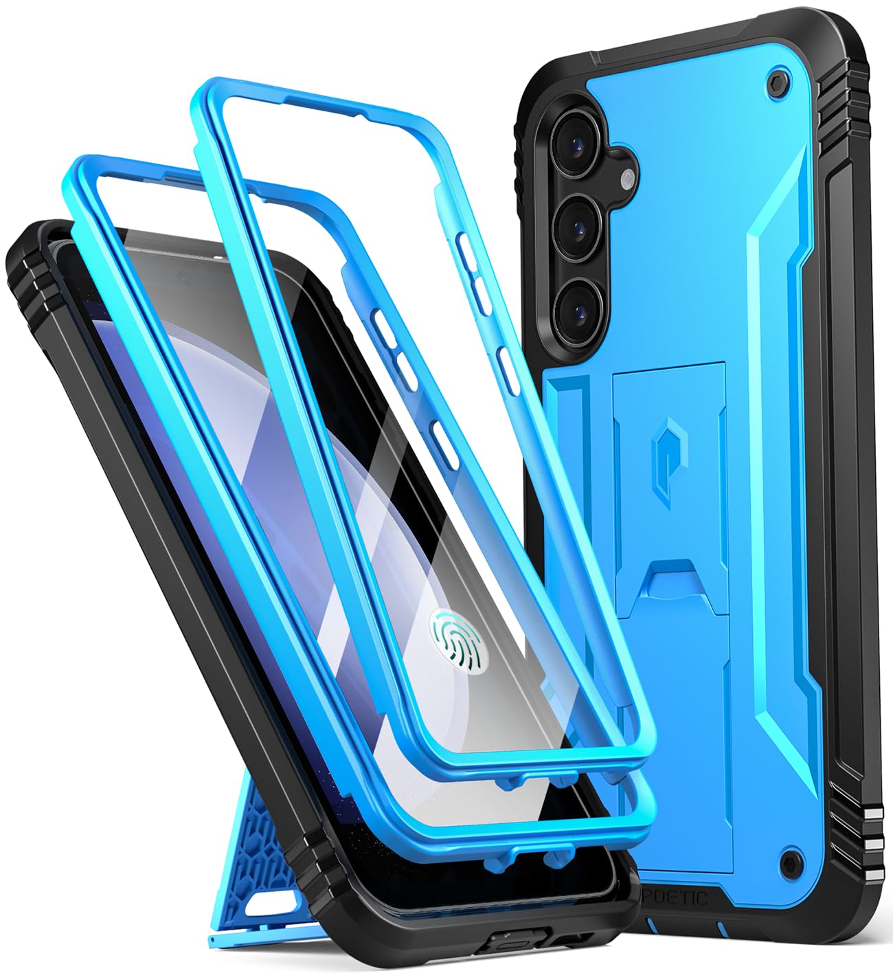Poetic Revolution Case for Samsung Galaxy S23 FE 5G, Built-in Screen Protector 【Work with Fingerprint ID】, Full Body Rugged Shockproof Protective Cover Case with Kickstand [Update Version], Light Blue