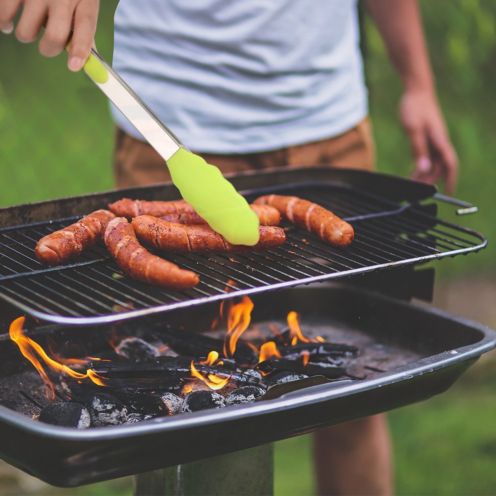 Singular point Kitchen Tongs,Heavy Duty Non-Stick Stainless Steel Food Tongs Set with FDA Grade Silicone Tips Ring Pull Locking System Serve for Salad,BBQ,Baking set of 2 pcs (Green)