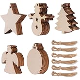 50 Pcs Unfinished Paintable Blank Wooden Christmas Festival Decoration Ornaments, Xmas Tree Hanging Wood Slices for Kids DIY Art Crafts, 5 Designs-Christmas Tree, Snowman, Stars, Angel, Round