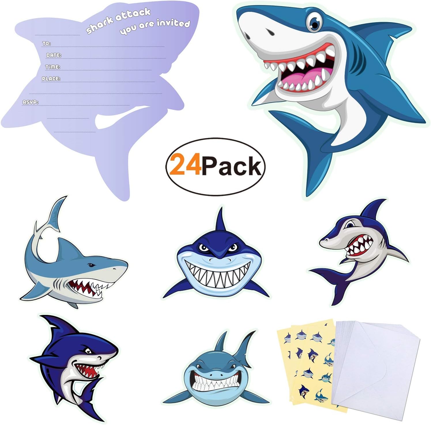 Shark-Party-Supplies-Invitations-Cards with 24 Envelopes and 36 Cute Shark Stickers Large Size Ocean Shark Invites for Kids Boys Birthday Party
