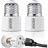 Feekoon 2 Pack E26/E27 3 Prong Light Bulb Socket Adapter, White | Polarized Light Sockets Outlet Converter, Lights Socket to Plug Adapter, Lights Bulb Plug Adapters for Patio, Garage, Porch